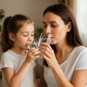 Mama i córka pijące filtrowaną wodę z kranu